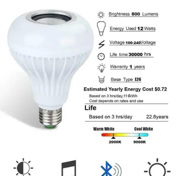 Smart E27 LED RGB White 12W Wireless Bluetooth Speaker Bulb Lamp