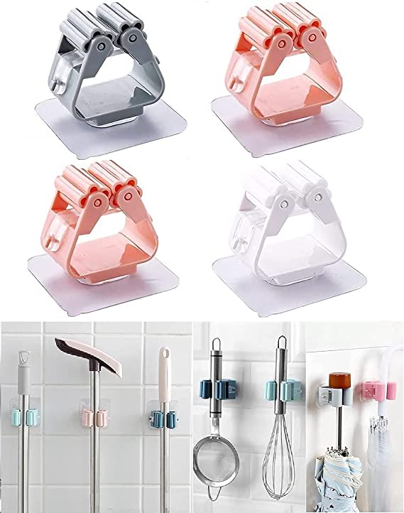 Pack of 3 Mop and Broom Self Adhesive Holder Wall Mount Magic Hanger Organizer Cleaning Tools Storage Mop Rack