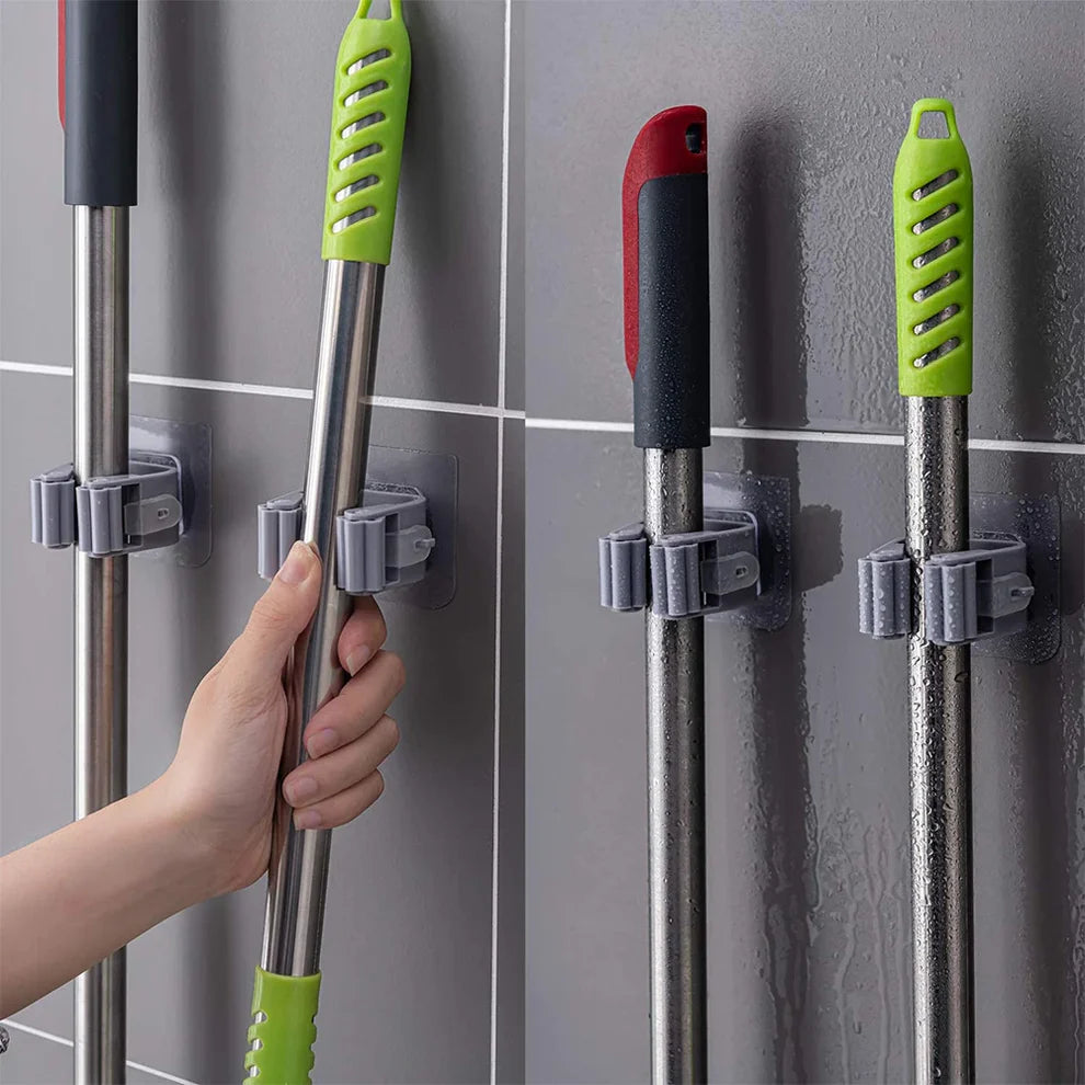 Pack of 3 Mop and Broom Self Adhesive Holder Wall Mount Magic Hanger Organizer Cleaning Tools Storage Mop Rack