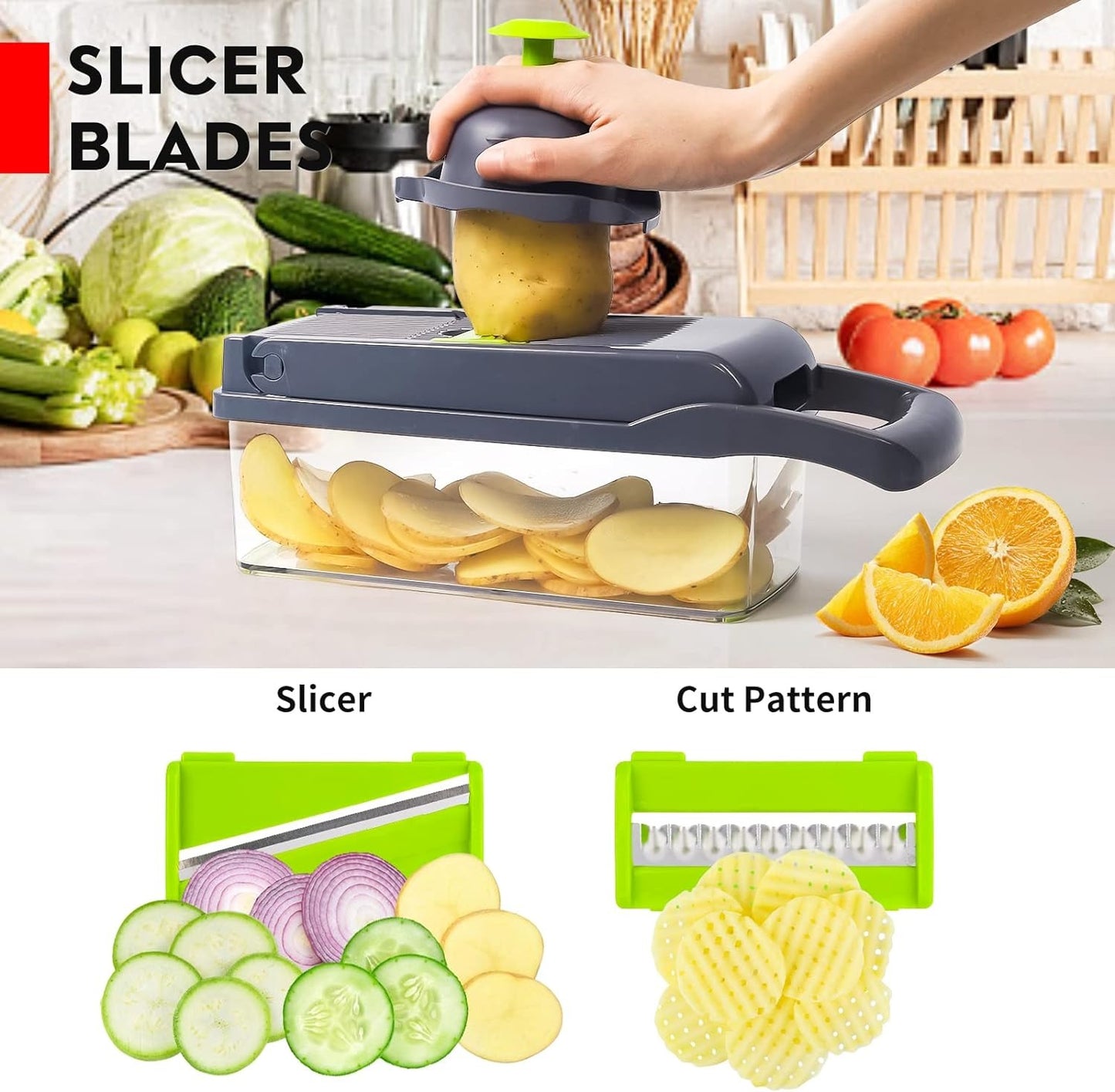 16-in-1 Multifunctional Vegetable Cutter & Slicer – Kitchen Tool with Interchangeable Blades