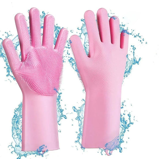 Magic Silicone Dish Washing Gloves | Reusable Heat-Resistant Rubber Cleaning Gloves with Built-In Scrubber for Kitchen, Dishes, Car, Bathroom & Household Use