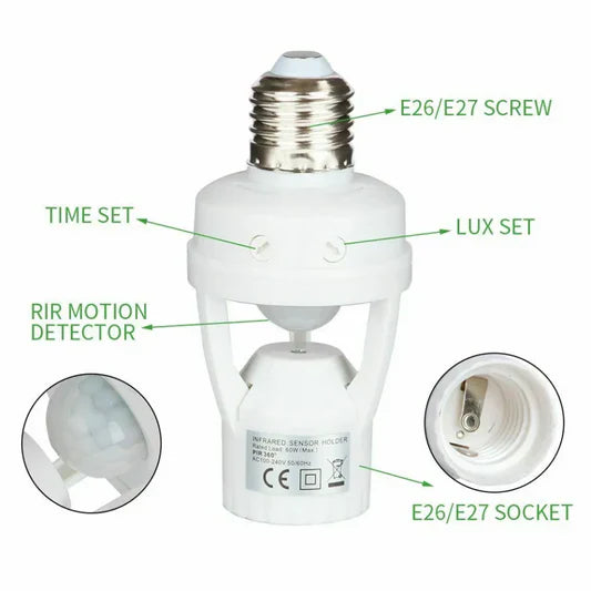 Infrared Motion Sensor Lamp Holder – 360° Smart Light Socket with Automatic On/Off Detection
